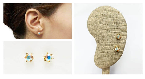 Rainbow Opal Stud Earrings by KRAMIKE • 18K Gold-Plated Elegant Clear Iridescent Cz Stone • Everyday Jewelry • Minimalist 6mm or 4mm Studs