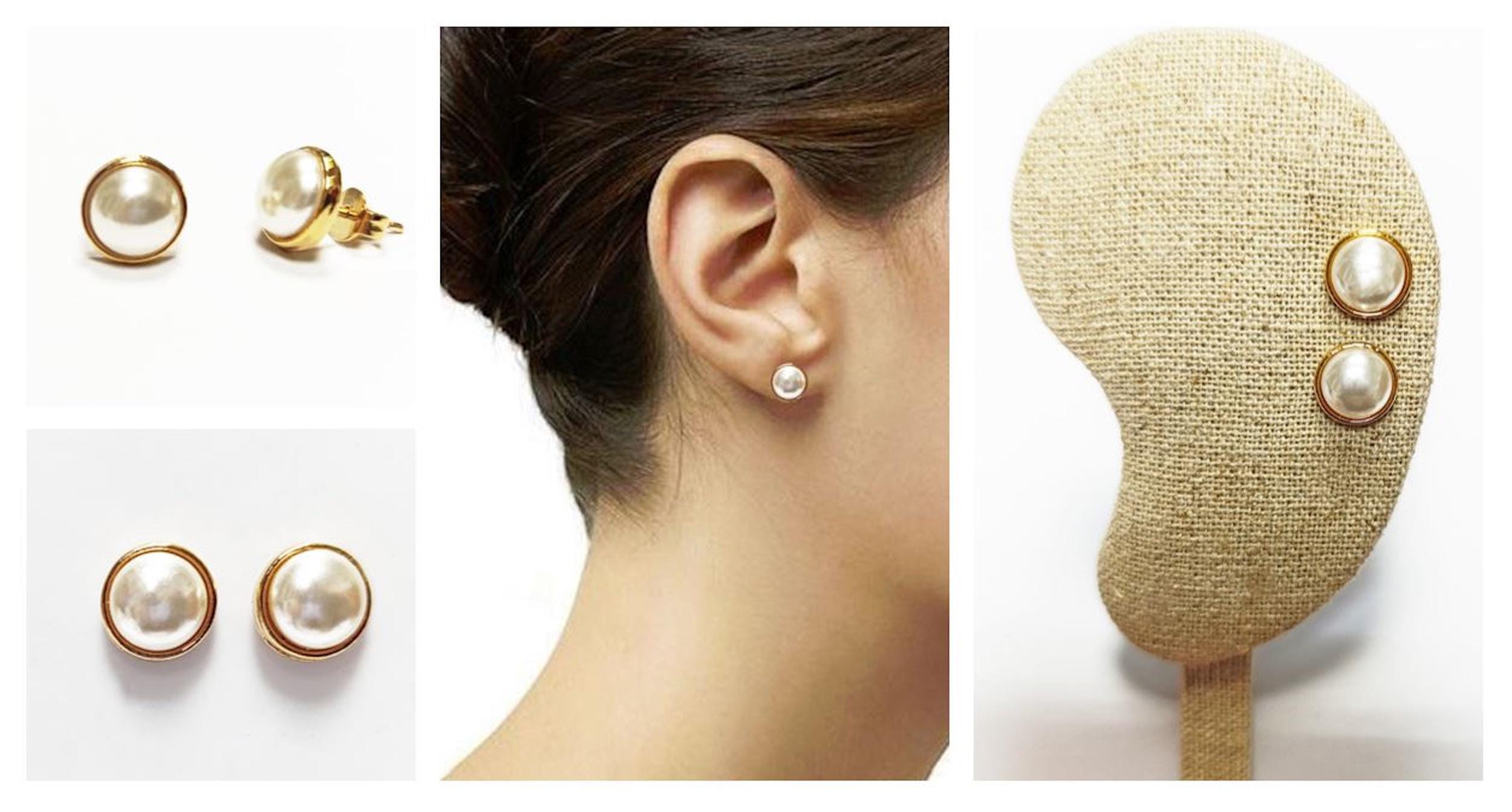 Classic Pearl Stud Earrings • 18K Gold-Plated Minimalist Round Bezel Setting • Elegant & Timeless Shell Pearl Design Jewelry for Everyday