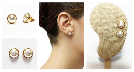 Classic Pearl Stud Earrings • 18K Gold-Plated Minimalist Round Bezel Setting • Elegant & Timeless Shell Pearl Design Jewelry for Everyday