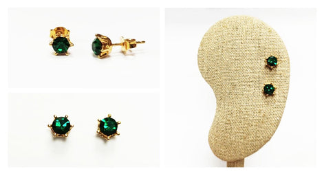 Emerald Stud Earrings by KRAMIKE • 18K Gold-Plated with Emerald Green Color Cz Stone • Everyday Jewelry • Minimalist 6-Prong Studs • KE037