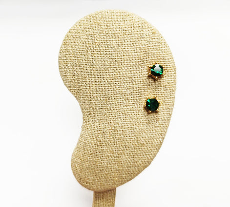 Emerald Stud Earrings by KRAMIKE • 18K Gold-Plated with Emerald Green Color Cz Stone • Everyday Jewelry • Minimalist 6-Prong Studs • KE037