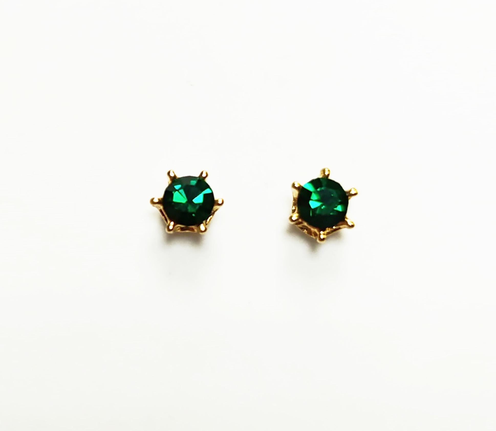 Emerald Stud Earrings by KRAMIKE • 18K Gold-Plated with Emerald Green Color Cz Stone • Everyday Jewelry • Minimalist 6-Prong Studs • KE037