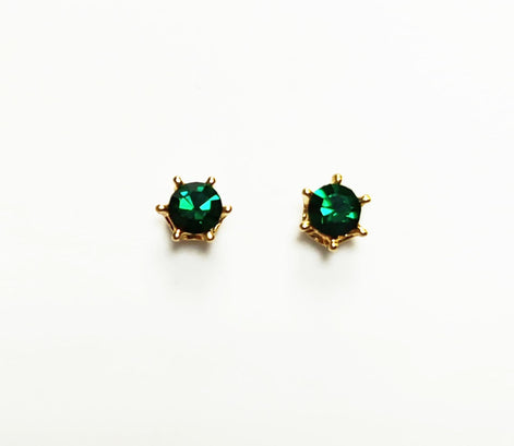 Emerald Stud Earrings by KRAMIKE • 18K Gold-Plated with Emerald Green Color Cz Stone • Everyday Jewelry • Minimalist 6-Prong Studs • KE037