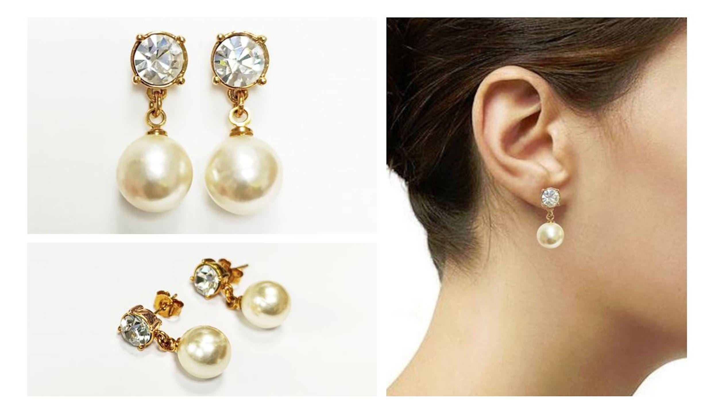 Elegant Crystal and Pearl Drop Earrings by KRAMIKE • 18K Gold-Plated • 10MM Pearl Jewelry.