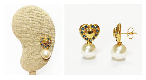 Gold Heart Pearl Drop Earrings by KRAMIKE • 18K Gold-Plated & Blue Sapphire Color Stones • Everyday Timeless Jewelry • Gift for Her • KR044