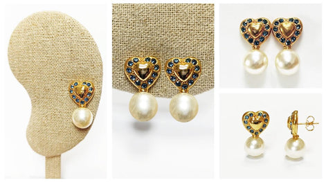 Gold Heart Pearl Drop Earrings by KRAMIKE • 18K Gold-Plated & Blue Sapphire Color Stones • Everyday Timeless Jewelry • Gift for Her • KR044