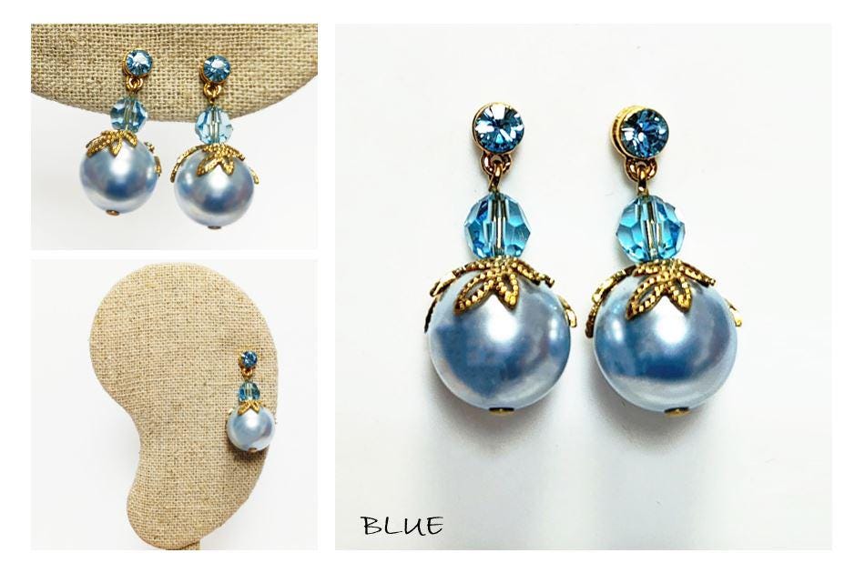 Blue Drop Pearl & Crystal Earrings by KRAMIKE • Azure Color Pearls • 18K Gold Plated Studs • Perfect for Special Occasions, Wedding, Party, a Gift for Her, and Everyday Wear