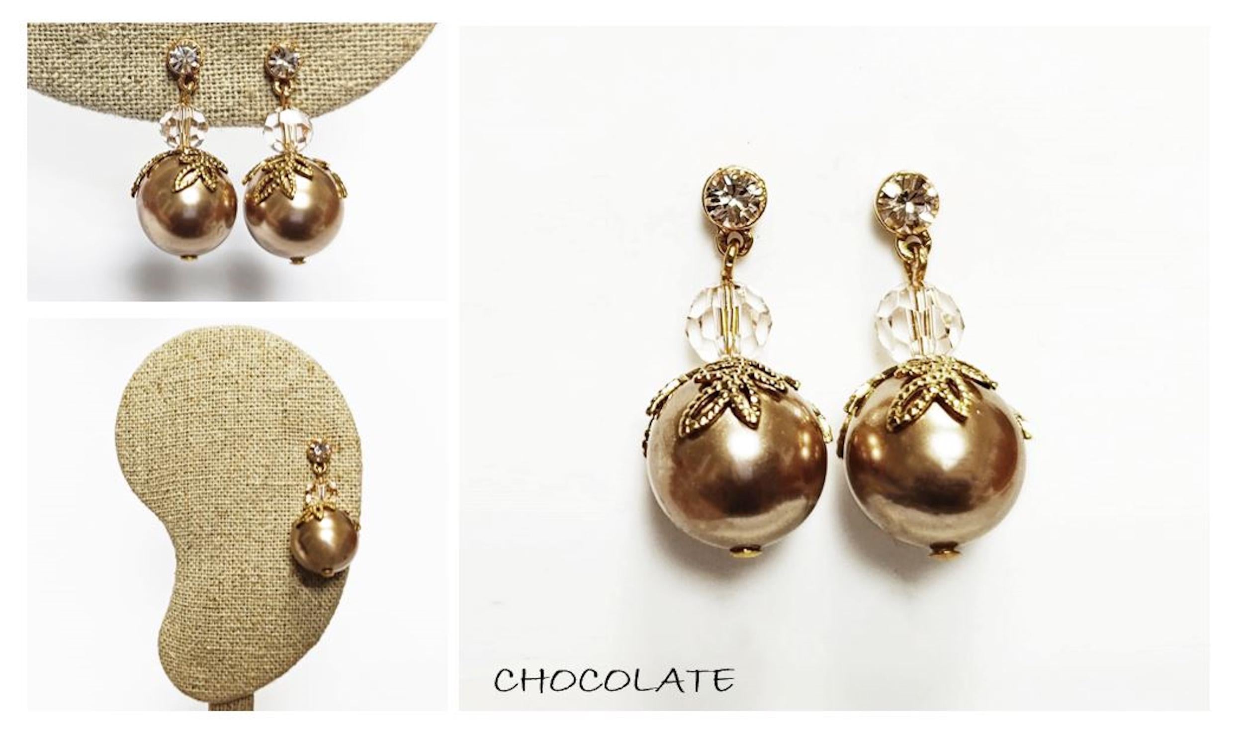 Chocolate Drop Pearl & Crystal Earrings by KRAMIKE • Brown Color Pearls • 18K Gold Plated Studs • Perfect for Special Occasions, Wedding, Party, a Gift for Her, and Everyday Wear