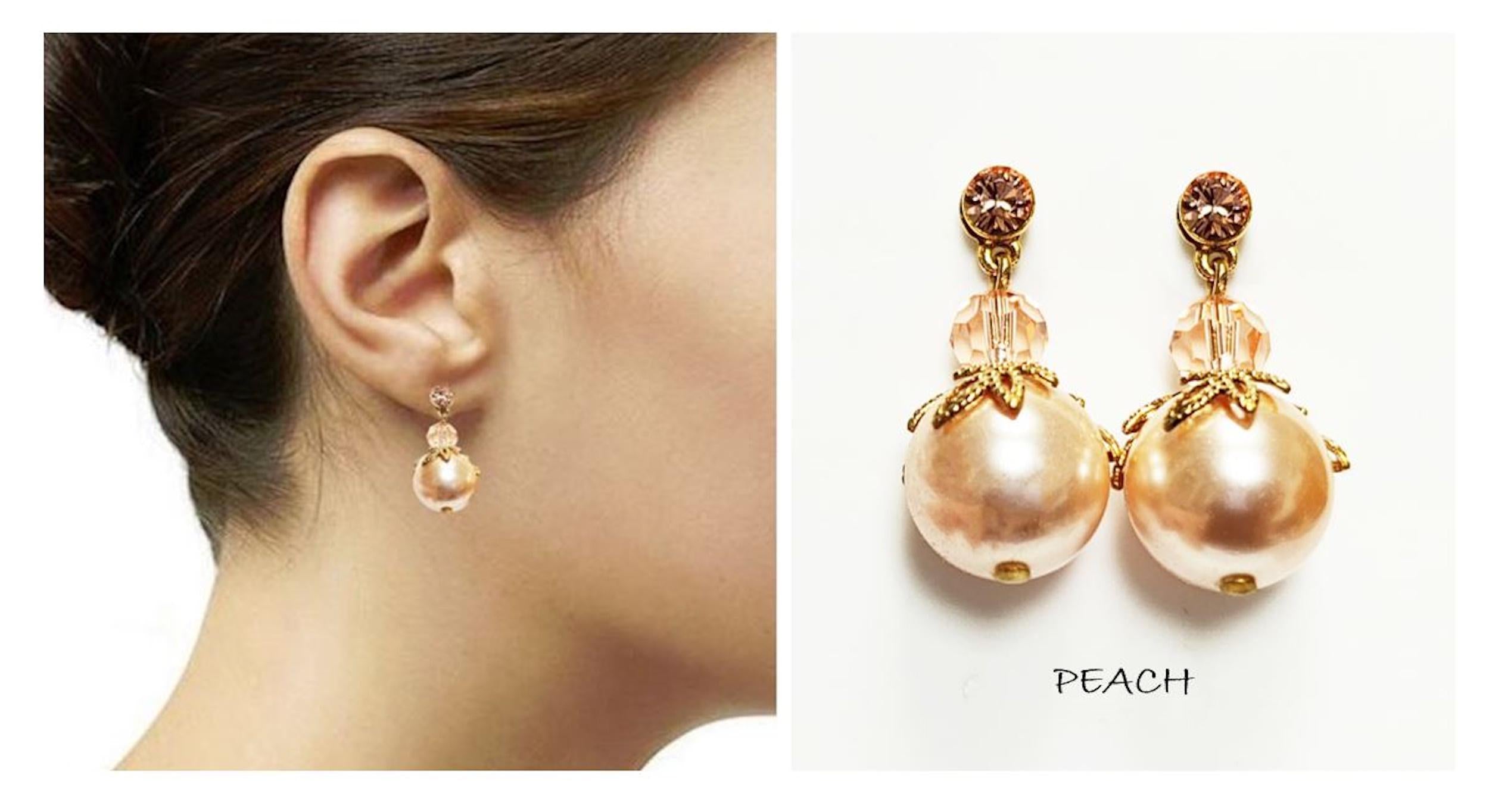 Peach Drop Pearl & Crystal Earrings by KRAMIKE • Apricot Color Pearls • 18K Gold Plated Studs • Perfect for Special Occasions, Wedding, Party, a Gift for Her, and Everyday Wear