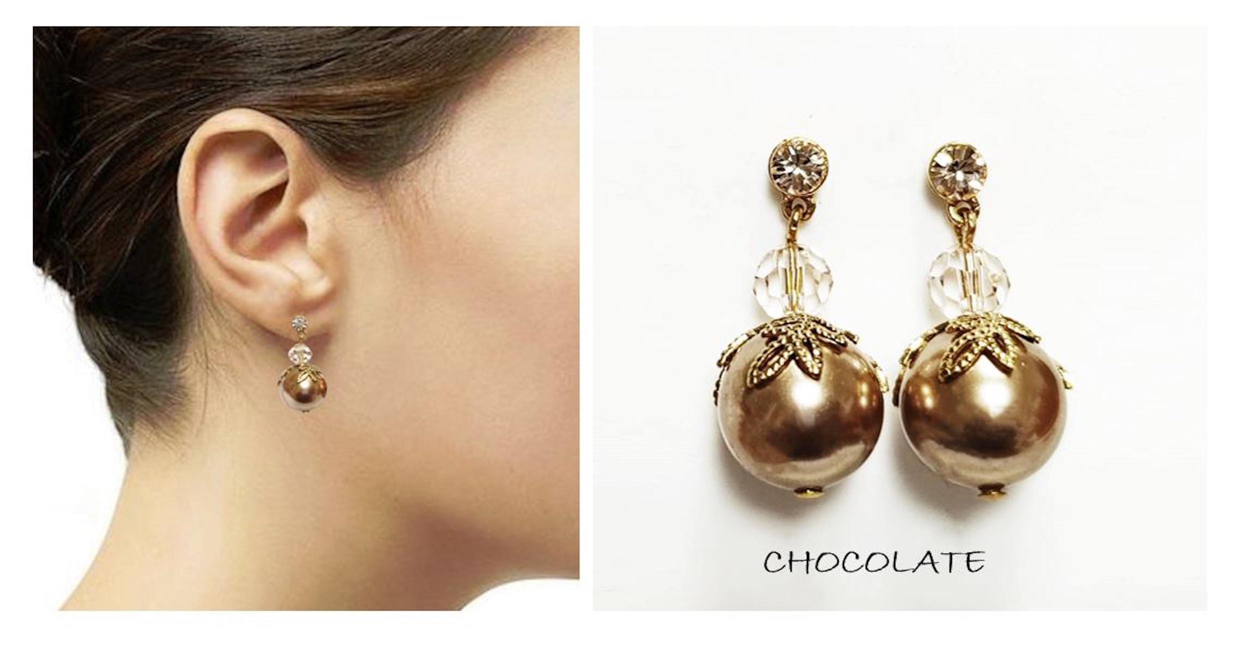 Chocolate Drop Pearl & Crystal Earrings by KRAMIKE • Brown Color Pearls • 18K Gold Plated Studs • Perfect for Special Occasions, Wedding, Party, a Gift for Her, and Everyday Wear