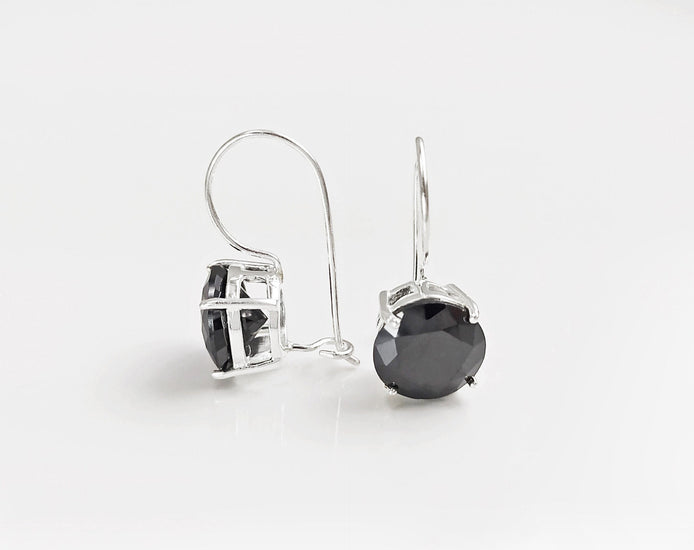 Black Drop Earrings, 925 Sterling Silver, Black Solitaire 10mm Round Stone, 6ct Onyx simulant (CZ), Birthday gift, Hook Earrings