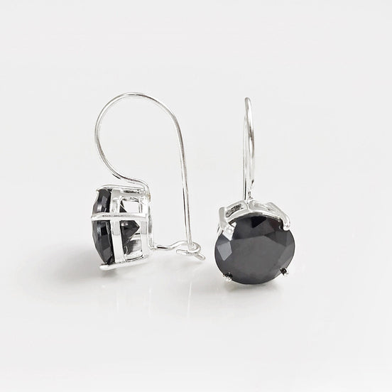 Black Drop Earrings, 925 Sterling Silver, Black Solitaire 10mm Round Stone, 6ct Onyx simulant (CZ), Birthday gift, Hook Earrings