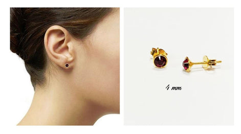 Garnet Stud Earrings by KRAMIKE • 18K Gold-Plated with Elegant Deep Red Cz Stone • Everyday Jewelry • Minimalist Bezel Setting Studs • KE077