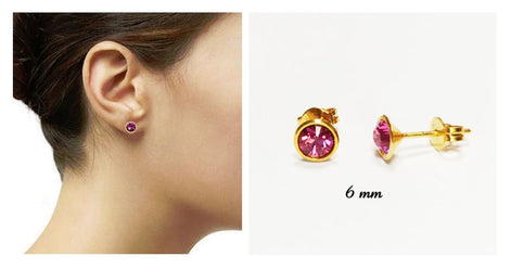 Gold Pink Stud Earrings by KRAMIKE • 18K Gold-Plated Bezel Set • Elegant Timeless Minimalist Design Jewelry • Perfect Gift for Her • KE057