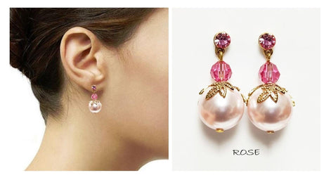 Pink Drop Pearl & Crystal Earrings by KRAMIKE • Rose Color Pearls • 18K Gold Plated Studs • • Perfect for Special Occasions, Wedding, Party, a Gift for Her, and Everyday Wear