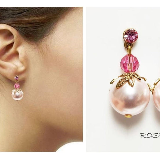 Pink Drop Pearl & Crystal Earrings by KRAMIKE • Rose Color Pearls • 18K Gold Plated Studs • • Perfect for Special Occasions, Wedding, Party, a Gift for Her, and Everyday Wear