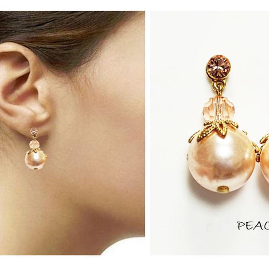 Peach Drop Pearl & Crystal Earrings by KRAMIKE • Apricot Color Pearls • 18K Gold Plated Studs • Perfect for Special Occasions, Wedding, Party, a Gift for Her, and Everyday Wear