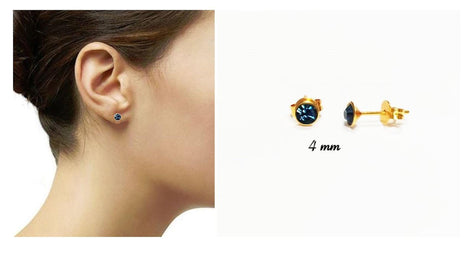 Blue Sapphire Crystal Stud Earrings by KRAMIKE • 18K Gold-Plated with Elegant Blue Stone • Everyday Jewelry • Minimalist Bezel Studs • KE053