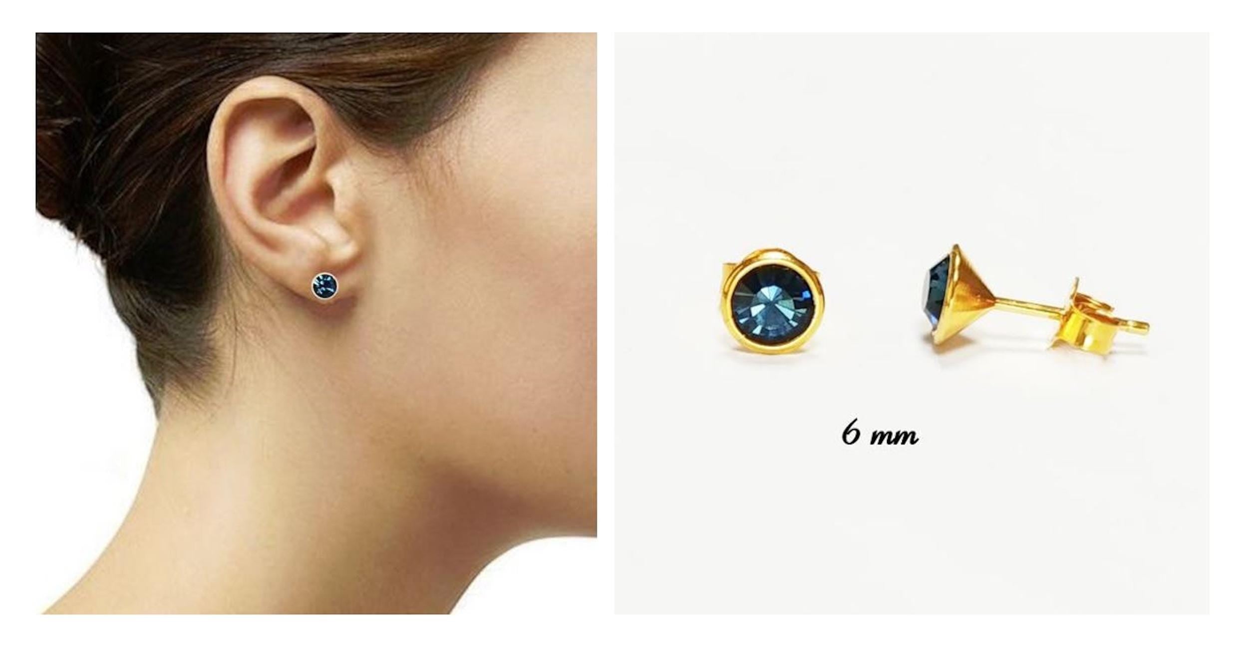 Blue Sapphire Crystal Stud Earrings by KRAMIKE • 18K Gold-Plated with Elegant Blue Stone • Everyday Jewelry • Minimalist Bezel Studs • KE053