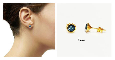 Blue Sapphire Crystal Stud Earrings by KRAMIKE • 18K Gold-Plated with Elegant Blue Stone • Everyday Jewelry • Minimalist Bezel Studs • KE053