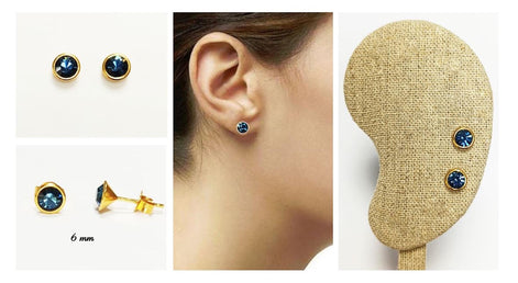 Blue Sapphire Crystal Stud Earrings by KRAMIKE • 18K Gold-Plated with Elegant Blue Stone • Everyday Jewelry • Minimalist Bezel Studs • KE053