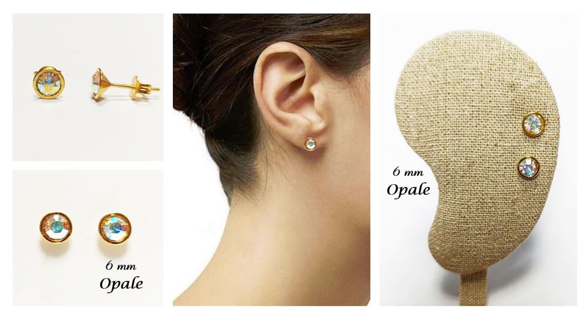 White Stone Stud Earrings • 18K Gold-Plated with Elegant Iridescent or Diamond White Cz 6mm Stone • Everyday Jewelry • Minimalist Studs
