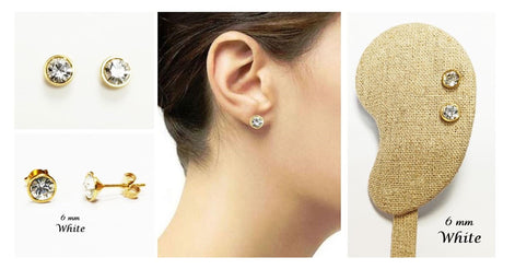 White Stone Stud Earrings • 18K Gold-Plated with Elegant Iridescent or Diamond White Cz 6mm Stone • Everyday Jewelry • Minimalist Studs