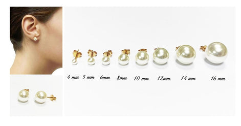 Pearl Stud Earrings, Gold White Pearls Classic Studs, 4, 5, 6, 7, 8, 10, 12, 14 or 16 mm, Ideal for Wedding or Everyday Wear