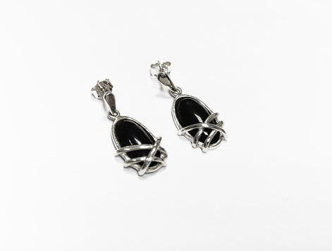 Black Onyx Dangle Earrings • Sterling Silver Wrapped Cage Setting • Minimalist and Modern Jewelry for a Everyday Look • Perfect Gift for Her