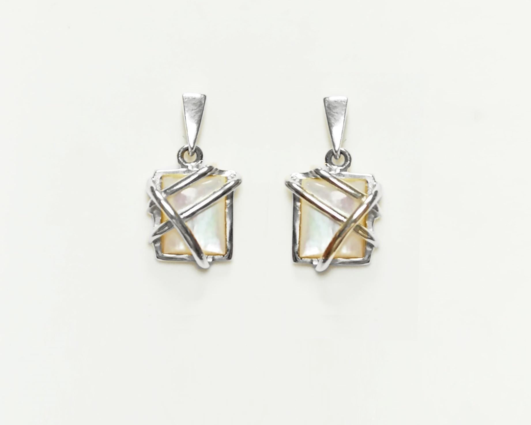 White Square Earrings, Sterling Silver, Mother of Pearl Shell - Modern Geometric Stone Jewelry, Filigree Earrings - Trending - Boho earring