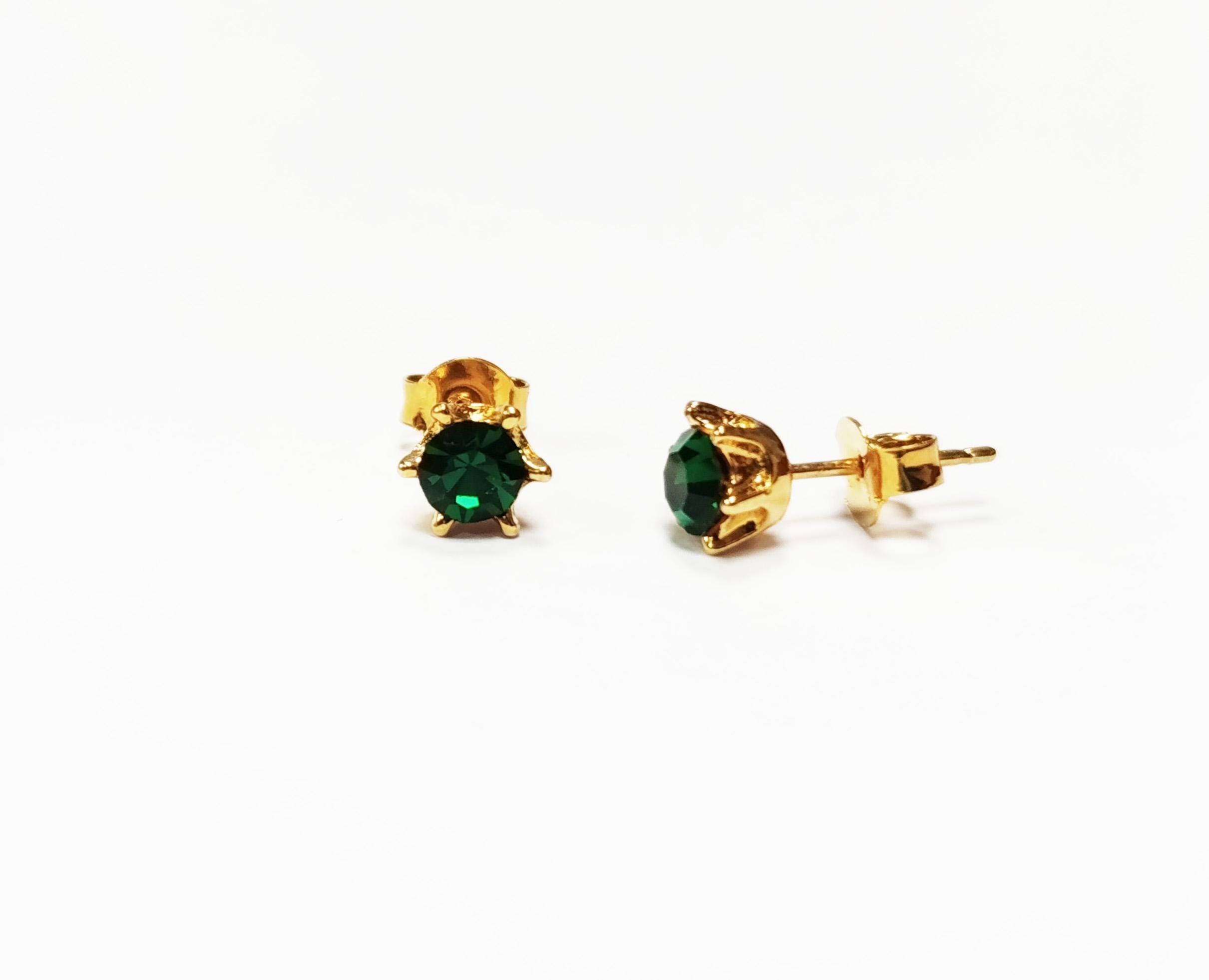 Emerald Stud Earrings by KRAMIKE • 18K Gold-Plated with Emerald Green Color Cz Stone • Everyday Jewelry • Minimalist 6-Prong Studs • KE037