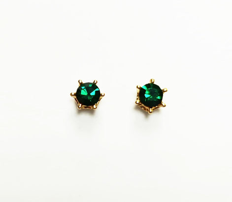 Emerald Stud Earrings by KRAMIKE • 18K Gold-Plated with Emerald Green Color Cz Stone • Everyday Jewelry • Minimalist 6-Prong Studs • KE037