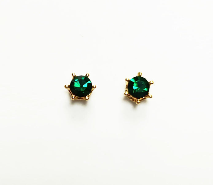 Emerald Stud Earrings by KRAMIKE • 18K Gold-Plated with Emerald Green Color Cz Stone • Everyday Jewelry • Minimalist 6-Prong Studs • KE037