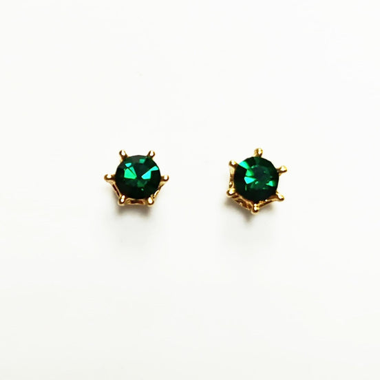 Emerald Stud Earrings by KRAMIKE • 18K Gold-Plated with Emerald Green Color Cz Stone • Everyday Jewelry • Minimalist 6-Prong Studs • KE037