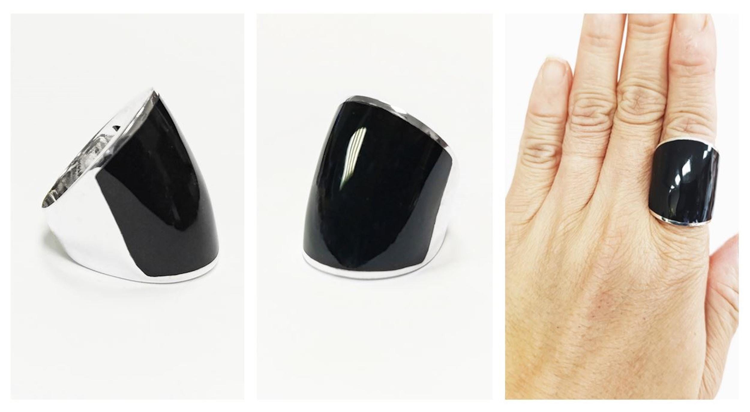 Sterling Silver Black Onyx Cuff Ring • Wide Band Statement Jewelry