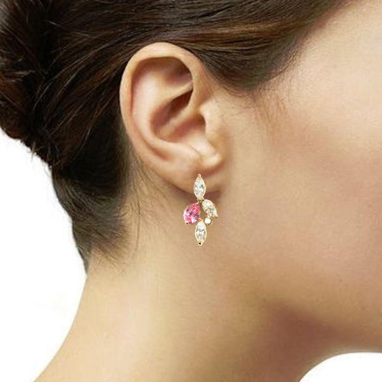 Gold-Plated Floral Earrings • Pink & Clear CZ Stones • Bridal Statement Jewelry