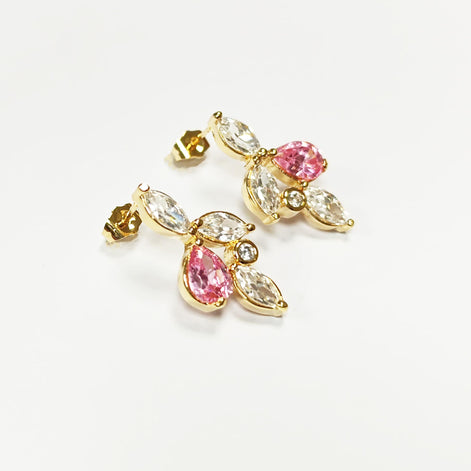 Gold-Plated Floral Earrings • Pink & Clear CZ Stones • Bridal Statement Jewelry