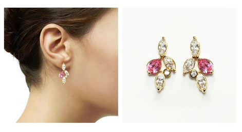 Gold-Plated Floral Earrings • Pink & Clear CZ Stones • Bridal Statement Jewelry