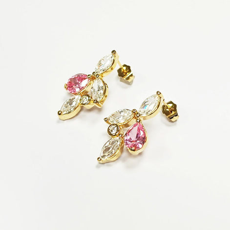 Gold-Plated Floral Earrings • Pink & Clear CZ Stones • Bridal Statement Jewelry