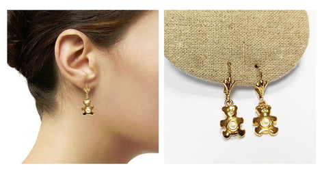 Teddy Bear Earrings by KRAMIKE • Gold-Plated Lever Back with Pearl • Fun and Stylish Jewelry • Unique Gift Idea for Girls or Women • KE034