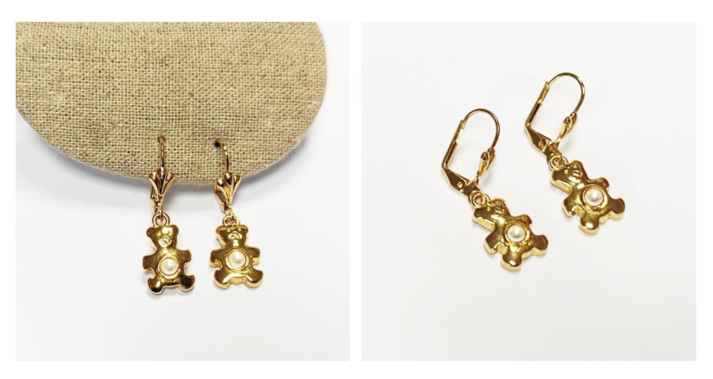 Teddy Bear Earrings by KRAMIKE • Gold-Plated Lever Back with Pearl • Fun and Stylish Jewelry • Unique Gift Idea for Girls or Women • KE034