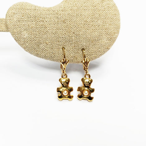 Teddy Bear Earrings by KRAMIKE • Gold-Plated Lever Back with Pearl • Fun and Stylish Jewelry • Unique Gift Idea for Girls or Women • KE034