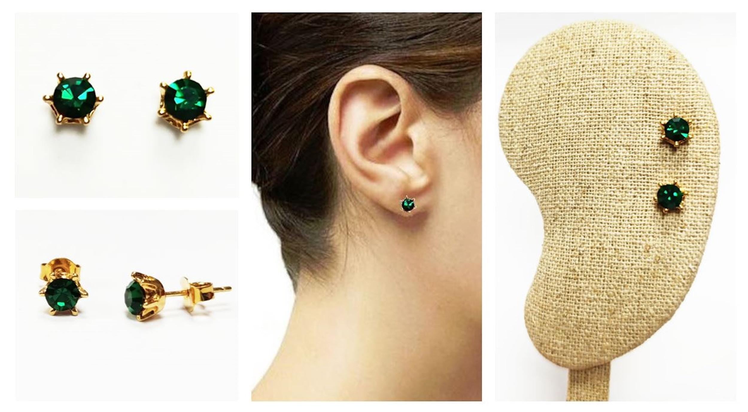 Emerald Stud Earrings by KRAMIKE • 18K Gold-Plated with Emerald Green Color Cz Stone • Everyday Jewelry • Minimalist 6-Prong Studs • KE037