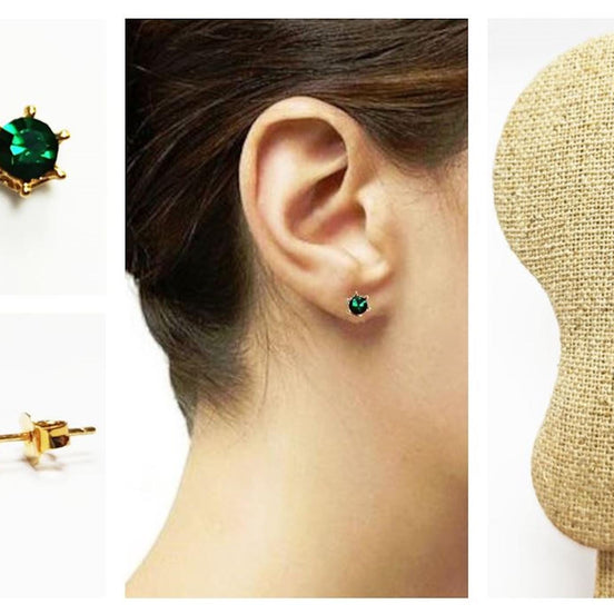 Emerald Stud Earrings by KRAMIKE • 18K Gold-Plated with Emerald Green Color Cz Stone • Everyday Jewelry • Minimalist 6-Prong Studs • KE037