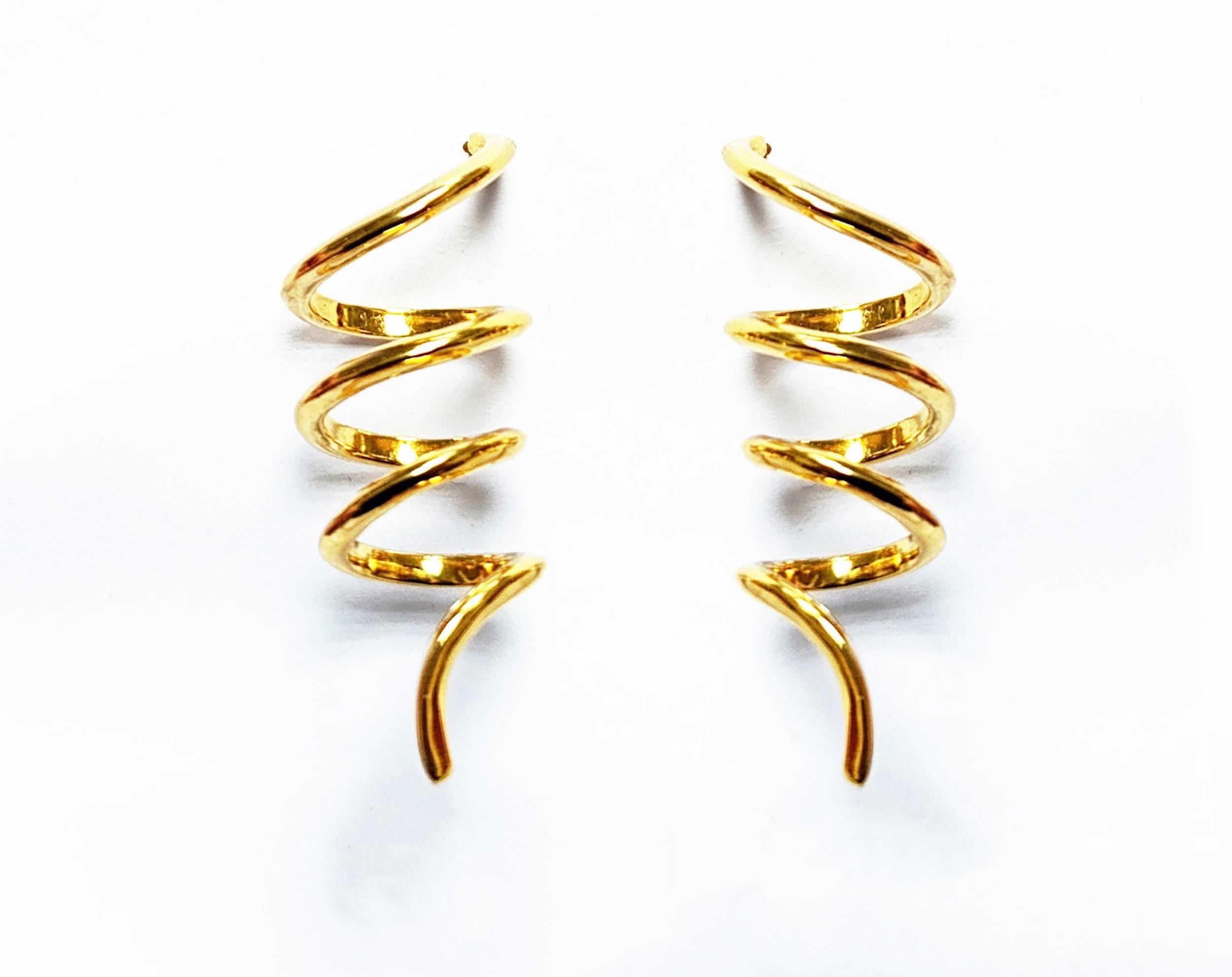 Drop Spiral earrings golden with 18K genuine gold plated, Long Spiral, Swirl Earrings, Dangle pendant earrings, Long Dangle Earrings Plated
