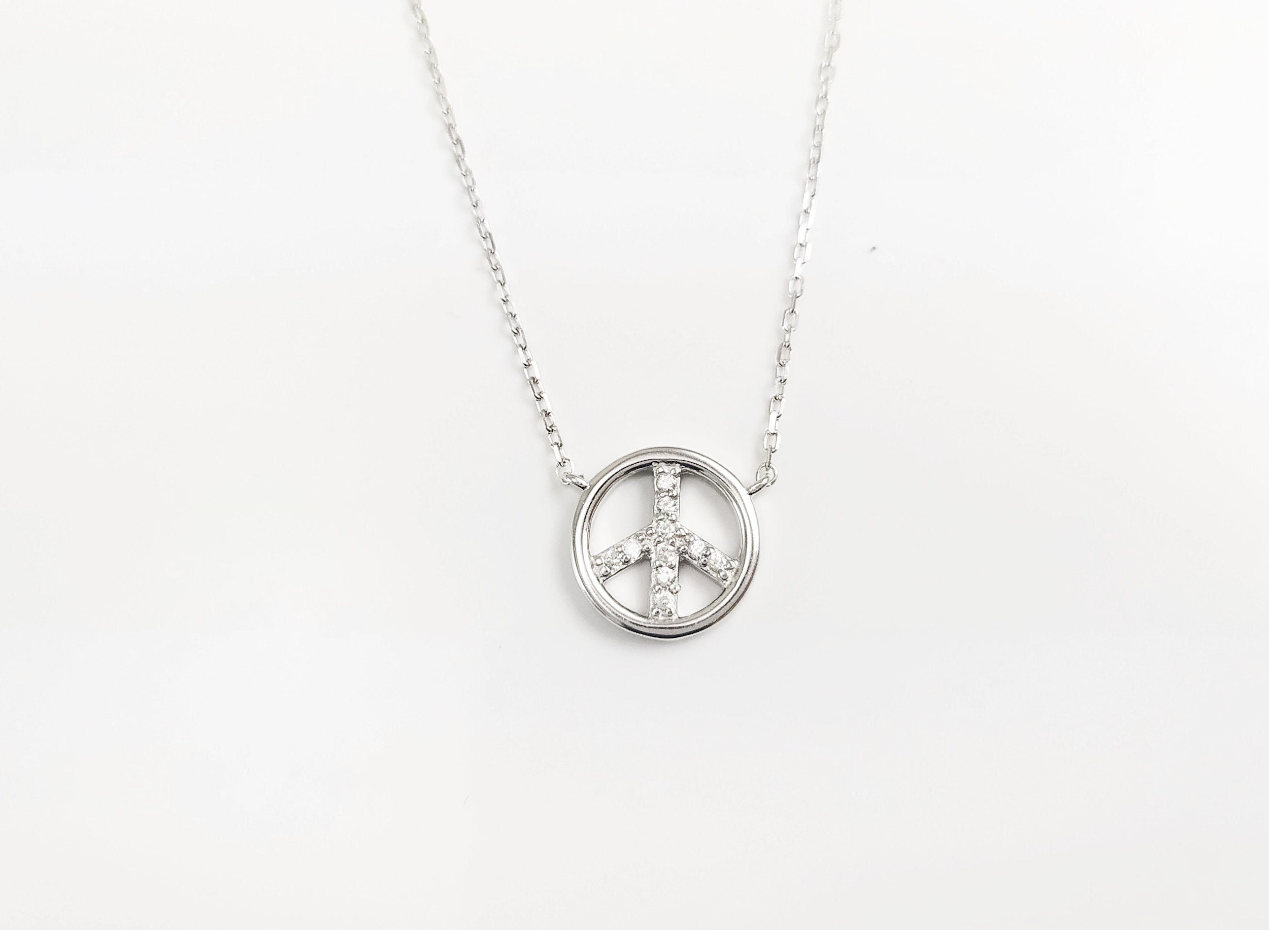 Peace & Love Necklace, Sterling Silver 925, Love and Peace Symbol Sign Pendant Chain, Hipster Boho 70's Icon Charm Jewelry, White Cz stone