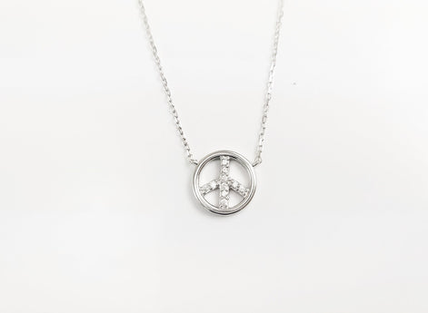 Peace & Love Necklace, Sterling Silver 925, Love and Peace Symbol Sign Pendant Chain, Hipster Boho 70's Icon Charm Jewelry, White Cz stone