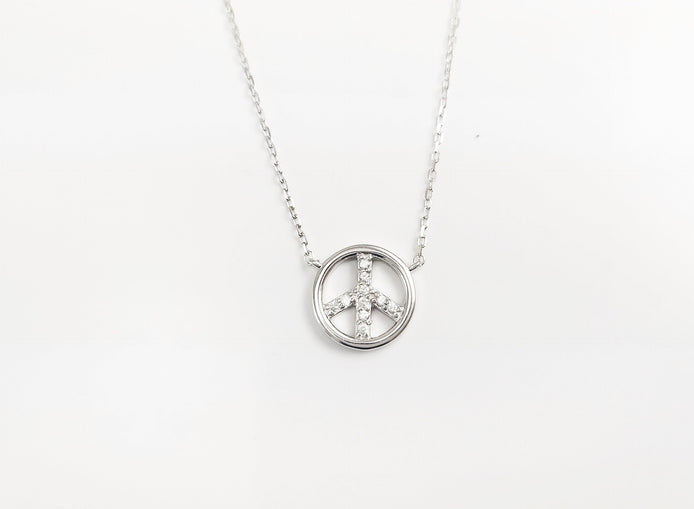 Peace & Love Necklace, Sterling Silver 925, Love and Peace Symbol Sign Pendant Chain, Hipster Boho 70's Icon Charm Jewelry, White Cz stone