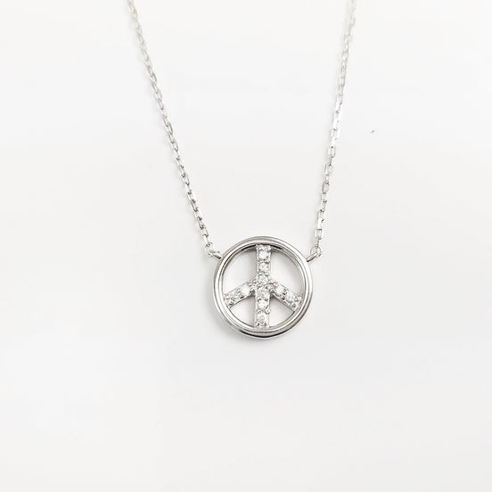 Peace & Love Necklace, Sterling Silver 925, Love and Peace Symbol Sign Pendant Chain, Hipster Boho 70's Icon Charm Jewelry, White Cz stone