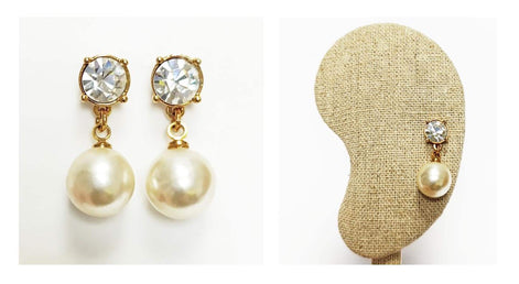 Elegant Crystal and Pearl Drop Earrings by KRAMIKE • 18K Gold-Plated • 10MM Pearl Jewelry.